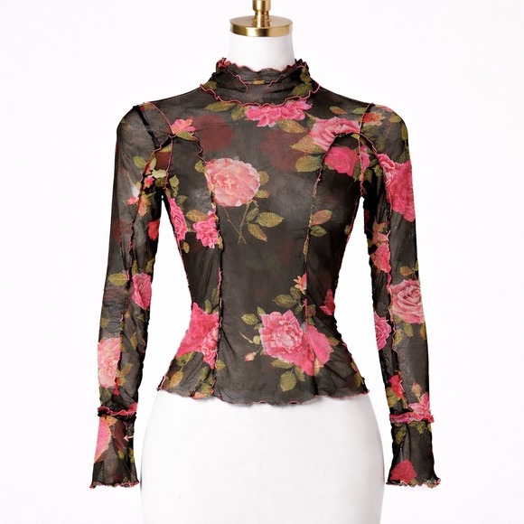 Free People Tops - Free People Charlie Sheer Mesh Floral Top Women's Small Lettuce Neck Whimsigoth
